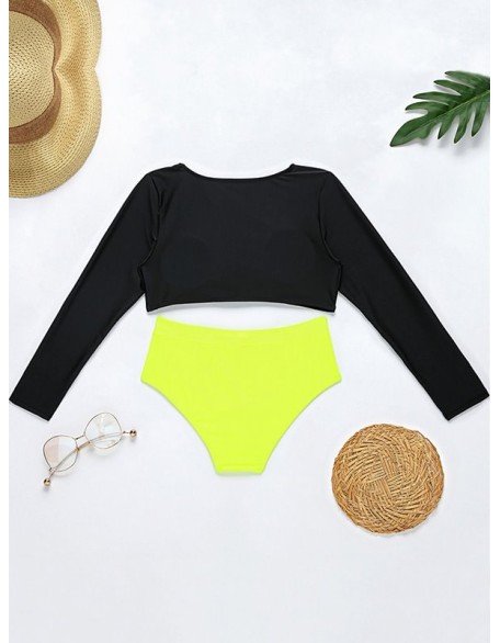 Solid Color Long Sleeve High-Waisted Simple Wetsuit