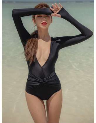 Long Sleeve Deep V-Neck Solid Color Slim One-Piece Rash Guard Swimwear