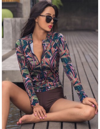 Floral Zipper Long Sleeve High-Waisted Split Wetsuit Swimwear