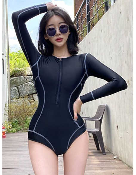 Split-Joint Long Sleeve Front Zipper Solid Color One-Piece Rash Guard Swimwear