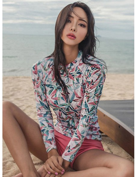 Round-Neck Long Sleeve Leaf Print Slim Split Wetsuit Swimwear