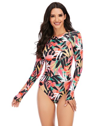 Round-Neck Long Sleeve Leaves Print Zipper Sexy Slim Rash Guards Swimwear