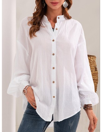 Buttoned Long Sleeves Loose Mock Neck Blouses&Shirts Tops