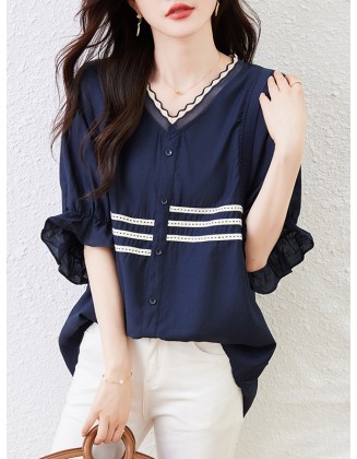 Asymmetric Buttoned Pleated Ruffled Striped Flared Sleeves Half Sleeves V-Neck Blouses&Shirts Tops