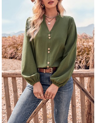 Buttoned Elasticity Long Sleeves Loose V-neck Blouses&shirts Tops