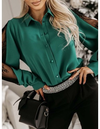 Buttoned Mesh Split-Joint Long Sleeves Loose Lapel Blouses&Shirts Tops