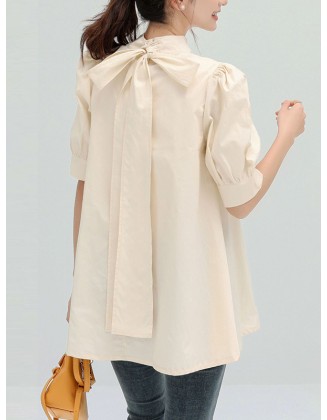 Bowknot Pleated Solid Color Half Sleeves Loose Mock Neck Blouses&Shirts Tops