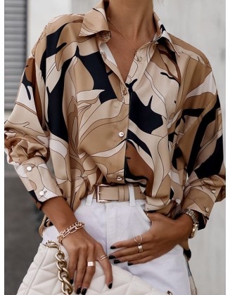 Buttoned Printed Long Sleeves Loose Lapel Blouses&Shirts Tops