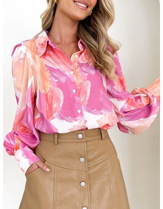 Buttoned Contrast Color Printed Long Sleeves Loose Lapel Shirts Tops Blouses&shirts Tops