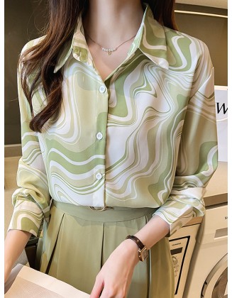 Buttoned Printed Long Sleeves Loose Lapel Blouses&Shirts Tops