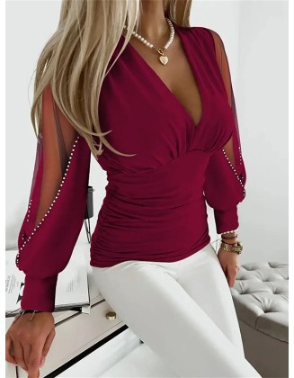 Beaded Mesh Pleated Long Sleeves Puff Sleeves Deep V-Neck Blouses&Shirts Tops