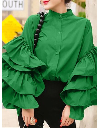 Buttoned Layered Ruffled Solid Color Flared Sleeves Long Sleeves Mock Neck Blouses&Shirts Tops