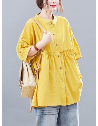 Artistic Retro Loose Half Sleeves Pleated Falbala Split-Joint Solid Color Blouses