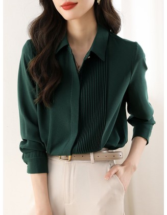 Buttoned Pleated Solid Color Long Sleeves Loose Lapel Blouses&Shirts Tops