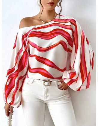 Asymmetric Striped Long Sleeves Loose One-Shoulder Blouses&Shirts Tops