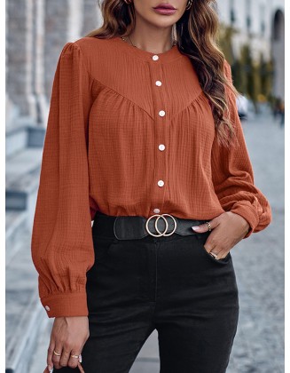 Buttoned Pleated Split-Joint Long Sleeves Loose Round-Neck Blouses&Shirts Tops