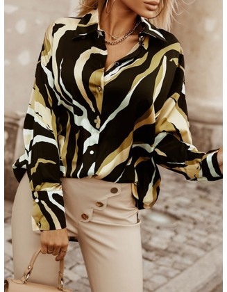 Buttoned Printed Long Sleeves Loose Lapel Blouses&Shirts Tops