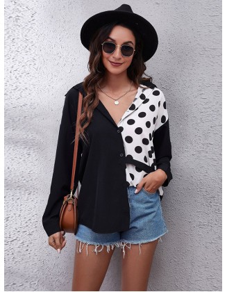 Casual Loose Long Sleeves Buttoned Contrast Color Polka-Dot Lapel Collar Blouses&Shirts Tops