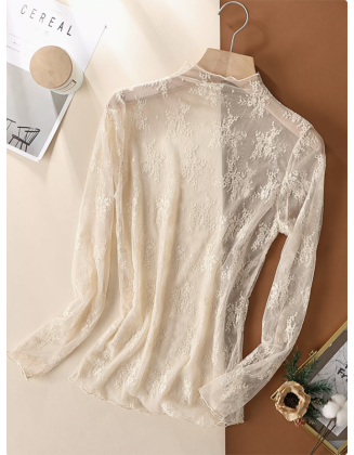 Casual Loose Mesh Solid High-Neck Blouses&Shirt Top