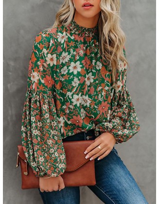 Bohemia Loose Puff Sleeves Floral Printed Shirt Top