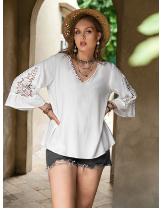 Vacation Flared Sleeves Solid Color V-Neck T-Shirt Top