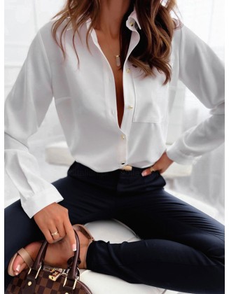 Casual Long Sleeves Loose Solid Color Lapel Collar Blouses&Shirts Tops