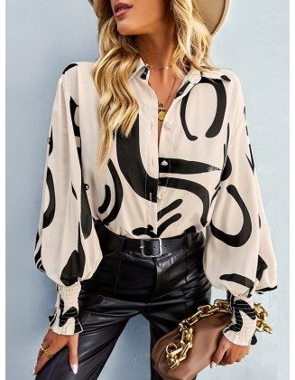 Casual Loose Long Sleeves Printed Lapel Collar Blouses&Shirts Tops