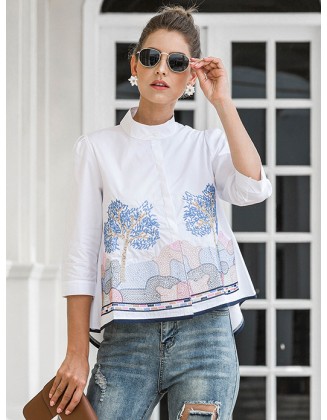 Casual Three-Quarter Sleeves Loose Embroidered Stand Collar Blouses&Shirts Tops