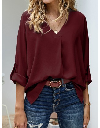 Casual Long Sleeves Loose Solid Color V-Neck Blouses&Shirts Tops