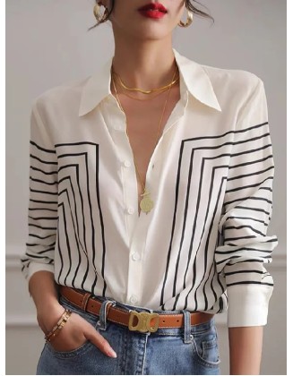 Casual Long Sleeves Printed Lapel Blouses&Shirts Tops