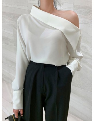 Asymmetric Buttoned See-Through Solid Color Long Sleeves One-Shoulder Blouses&Shirts Tops