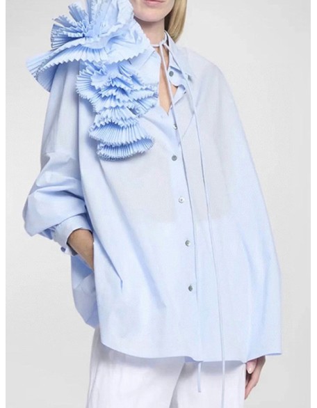 Asymmetric Buttoned Pleated Solid Color Split-Joint Three-Dimensional Flower Long Sleeves Loose Lapel Blouses&Shirts Tops