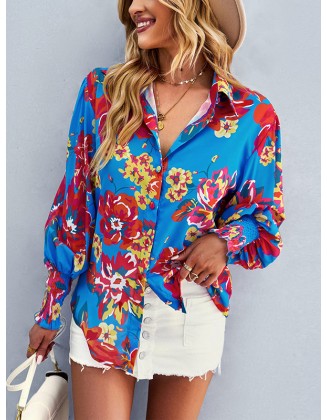 Buttoned Elasticity Flower Print Long Sleeves Loose Lapel Blouses&Shirts Tops