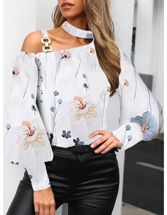 Buckle Flower Print Hollow Long Sleeves Loose One-Shoulder Blouses&Shirts Tops