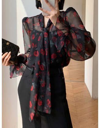 Elasticity Flower Print Mesh Tied Flared Sleeves Long Sleeves V-Neck Blouses&Shirts Tops