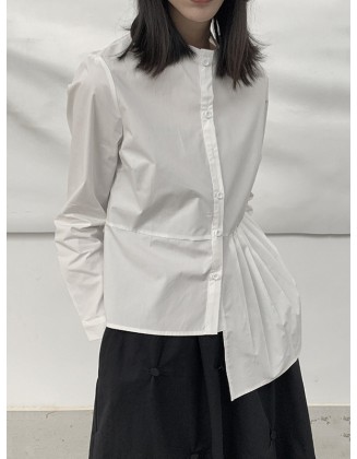 Asymmetric Buttoned Pleated Solid Color Long Sleeves Round-Neck Blouses&Shirts Tops