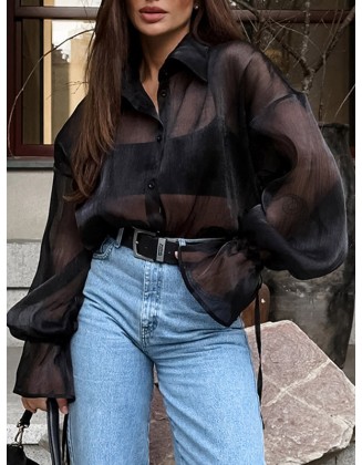 Buttoned See-Through Solid Color Long Sleeves Loose Lapel Blouses&Shirts Tops