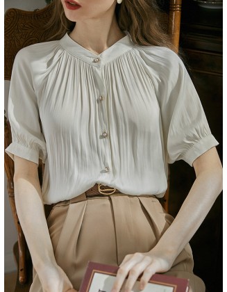 Buttoned Pleated Loose Puff Sleeves Round-neck Blouses&shirts Tops