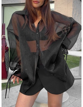 Buttoned Mesh See-Through Solid Color Tied Long Sleeves Loose Lapel Blouses&Shirts Tops