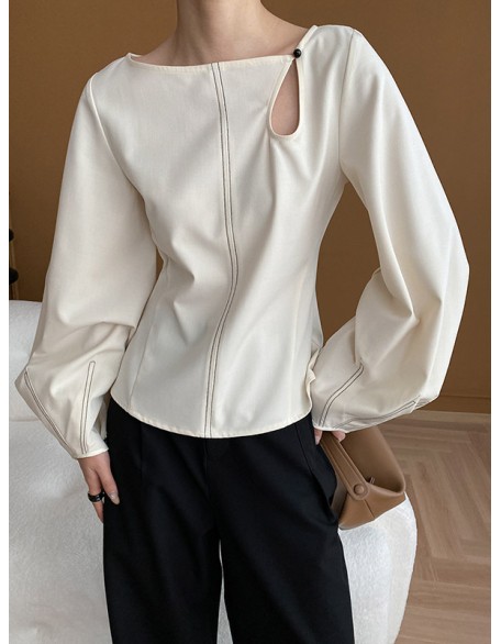 Asymmetric Belly-Hollow Solid Color Long Sleeves Loose Round-Neck Blouses&Shirts Tops