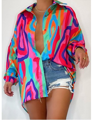 Buttoned Printed High-low Long Sleeves Lapel Blouses&shirts Tops