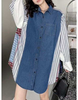 Buttoned Contrast Color Pockets Split-Joint Striped Long Sleeves Loose Lapel Blouses&Shirts Tops