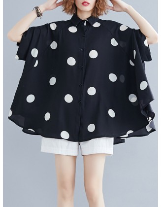 Buttoned Polka-Dot Batwing Sleeves Half Sleeves Lapel Blouses&Shirts Tops