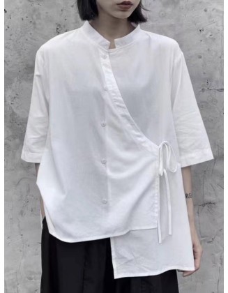 Asymmetric Buttoned Solid Color Tied Loose Raglan Sleeve Stand Collar Blouses&Shirts Tops