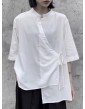 Asymmetric Buttoned Solid Color Tied Loose Raglan Sleeve Stand Collar Blouses&Shirts Tops