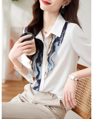 Buttoned Printed Long Sleeves Loose Lapel Blouses&Shirts Tops