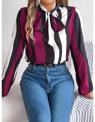 Contrast Color Elasticity Striped Tied Long Sleeves Loose Mock Neck Blouses&Shirts Tops