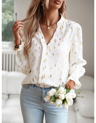 Bronzing Elasticity Ruffle Trim Flared Sleeves Long Sleeves V-Neck Blouses&Shirts Tops