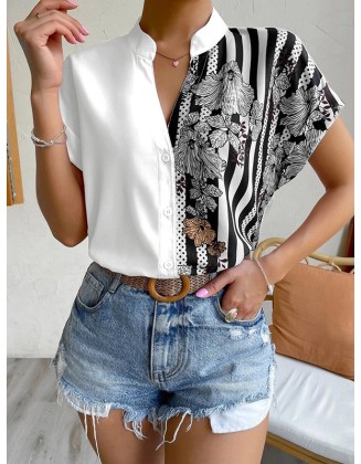 Buttoned Contrast Color Flower Print Striped Loose Short Sleeves V-Neck Blouses&Shirts Tops