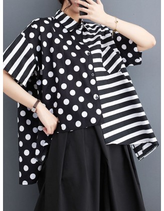 Buttoned Contrast Color Pockets Polka-Dot Split-Back Split-Joint Striped Loose Short Sleeves Lapel Blouses&Shirts Tops